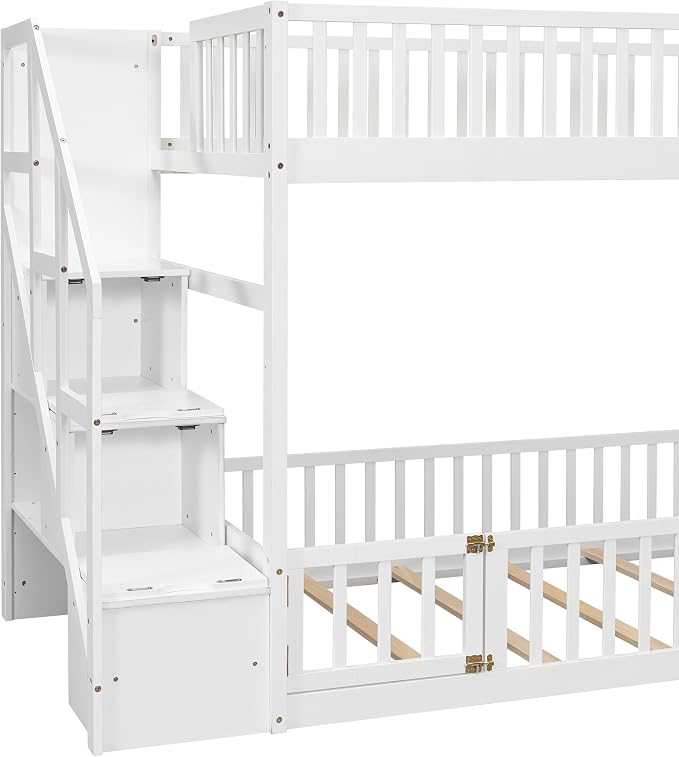 Twin Over Twin Floor Bunk Bed with Storage Ladder and Guardrails,for Kids Teens Adults (White#Ladder, Twin Over Twin)