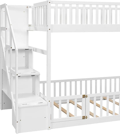 Twin Over Twin Floor Bunk Bed with Storage Ladder and Guardrails,for Kids Teens Adults (White#Ladder, Twin Over Twin)