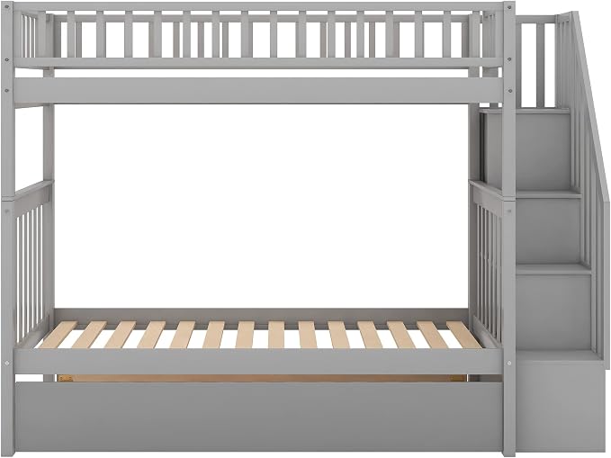 Twin Over Twin Bunk Beds with Staircase and Trundle Bed, No Box Spring Needed for Teens, Boys or Girls