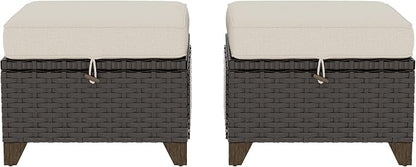 2 Pieces Patio Outdoor Ottomans with Removable and Washable Covers，PE Rattan Wicker Footstools for Porch, Garden, Sunroom (Beige)