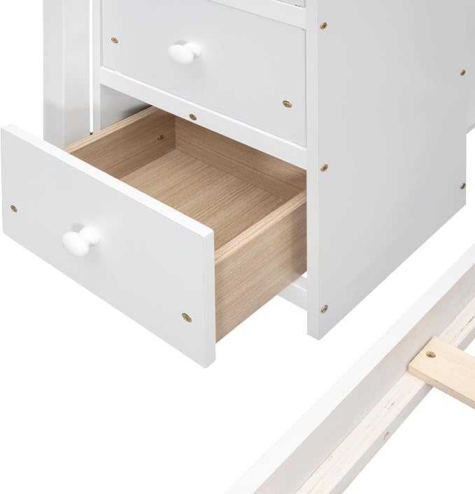 Ball & Cast Twin Over Full Bunk Bed with Safty Guardrail & Storage Stairs,Wood Bedframe W/ 3-Layer Shelves & Drawers,Easy Assembly,Space Saving,Compact Bedroom Furniture Set for Boy Girl Teens,White
