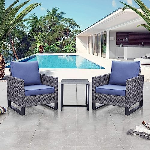 Belord Outdoor Bistro Set 3 Piece Outdoor Wicker Patio Chairs, Oversize Outdoor Rattan Seating Set, All-Weather Chairs Wicker Furniture with Metal Side Table and Water-Resistant Cushion for Outside