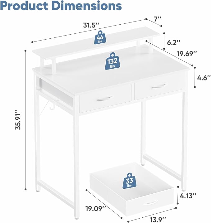 DUMOS 31 Inch Computer Desk with Monitor Stand and 2 Drawers, Small Writing Desk for Home Office with Headphone Hook, Compact Study Table for Bedroom, White