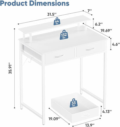 DUMOS 31 Inch Computer Desk with Monitor Stand and 2 Drawers, Small Writing Desk for Home Office with Headphone Hook, Compact Study Table for Bedroom, White