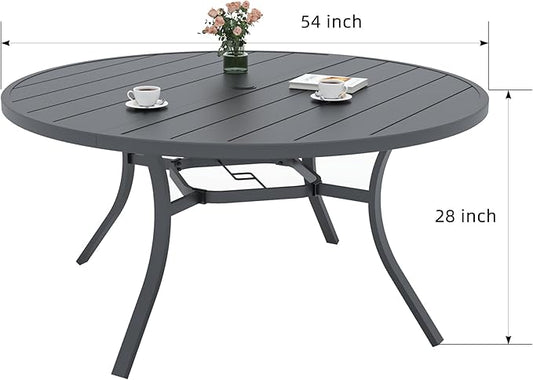 Patio Table and Chairs Set for 6 Person,54"x 54"x 28" Round Steel Slat Outdoor Table with 6 Breathable Textilene Swivel Chairs for Deck/Backyard/Poolside/Garden
