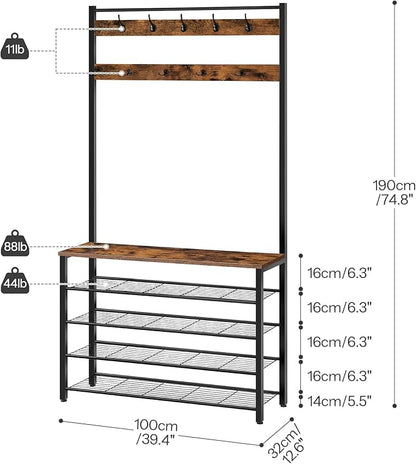 HOOBRO Hall Tree, Coat Rack with Shoe Rack, 39.4” Hall Tree with Bench, 5 Tier Shoe Storage Organizer with 9 Hooks for Entryway, Closet, Sturdy, Industrial, Rustic Brown and Black BF801MT01