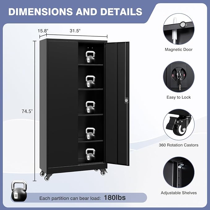 Metal Garage Cabinet with Wheels, 74.5" Tall Lockable Storage Cabinet with 4 Adjustable Shelves and 2 Doors, Tool Cabinet for Garage Home Office,Gym,School(Black)