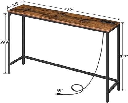 HOOBRO 47.2" Console Table with Power Outlets and USB Ports, Sofa Narrow Entryway Table with Charging Station, Behind Couch Table, Hallway, Foyer, Living Room, Bedroom, Rustic Brown BF301XG01G1