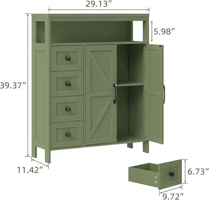 Vabches Farmhouse Storage Cabinet with 2 Doors and 4 Drawers, Freestanding Bathroom Compartment Kitchen Pantry Cabinet, Floor Cupboard for Kitchen/Living Room/Bathroom,Green