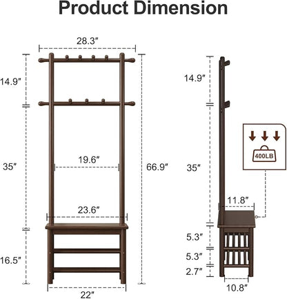 AQIMUELE Hall Tree, Coat Rack with Shoe Storage, Wooden Hall Tree with Bench, 11 Hooks and 2-Tier Storage Shelves, Entryway Bench with Coat Rack (23.6" - Deep Walnut)