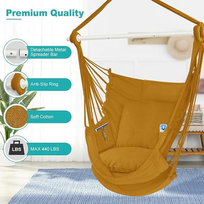 Outerman Hammock Chair, Hanging Chair with 3 Cushions and Foot Rest Support, Durable Metal Spreader Bar Max 500Lbs, Swing Chair for Bedroom, Indoor & Outdoor, Patio, Porch or Tree（Khaki）