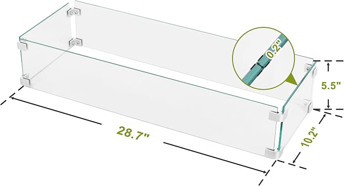 Nuu Garden Tempered Glass Wind Guard for Rectangular Propane Fire Pit Table 28.7''*10.2''*5.5'' Inch, Durable Flame Guard Shield with Aluminum Alloy Corner Brackets for Outdoor Patio Gas Fire Table