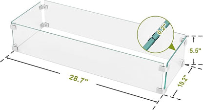 Nuu Garden Tempered Glass Wind Guard for Rectangular Propane Fire Pit Table 28.7''*10.2''*5.5'' Inch, Durable Flame Guard Shield with Aluminum Alloy Corner Brackets for Outdoor Patio Gas Fire Table