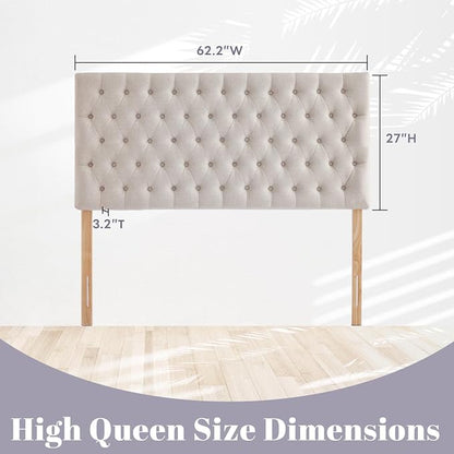 Upholstered Queen Headboard Only, Premium Linen Button Tufted Headboards, Adjustable Solid Wood Head Board, Padded Headboard with Solid Wood Legs in Bedroom (Beige)