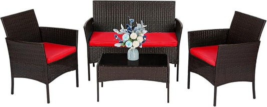 FDW | 4-Piece Patio Furniture Set | Brown & Red | Outdoor Wicker Furniture with Coffee Table | Modern Rattan Chairs Conversation Set | Outdoor Seating | Weather-Resistant | for Porch, Garden, Lawn