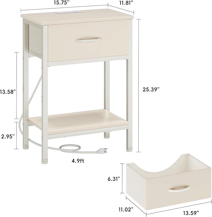 Vagusicc Nightstand Set of 2 with Charging Station, Bed Side Table with Fabric Drawer, Small End Table with 2-Tier Storage Shelves, 25.4" Tall Night Stand Bedside Table for Bedroom Living Room, Beige