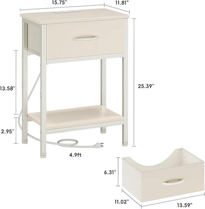 Vagusicc Nightstand Set of 2 with Charging Station, Bed Side Table with Fabric Drawer, Small End Table with 2-Tier Storage Shelves, 25.4" Tall Night Stand Bedside Table for Bedroom Living Room, Beige