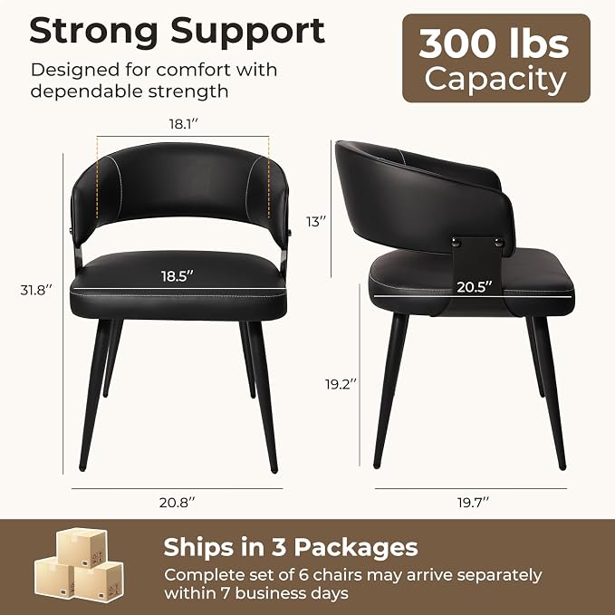 Dining Chairs Set of 6, Modern Upholstered Faux Leather Kitchen Chairs with Curved Back, Easy to Assemble & Clean for Dining Room, Restaurant, Cafe, Black