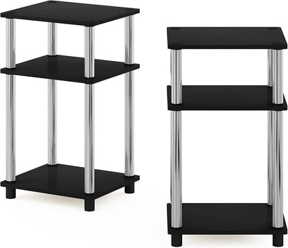 Furinno JUST Side Table Set of 2, 3-Tier Modern End Tables, Open Shelves Night Stand, Nightstand Set, Toolless Assembly, for Living Room, Bedroom, Americano/Stainless Steel
