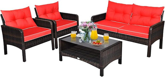 Tangkula 4 Piece Patio Furniture Set, Outdoor Wicker Conversation Set with Glass Top Coffee Table, All Weather Proof and Thick Cushions, Suitable for Porch, Garden, Poolside and Lawn (Red)