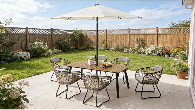 7-Piece Outdoor Wicker Dining Set with Wood-Plastic Composite Table Weather-Resistant Patio Furniture for 6 Person Scandinavian Design for Deck Garden Family Gatherings