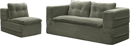 80'' Futon Sofa Bed, King Size Foldable Sleeper Sofa, Corduroy Boneless Loveseat Couch with Chaise Lounge, 3 Pillows, Blanket, Upholstered Sectional Couches for Living Room,Bedroom, Pine Green