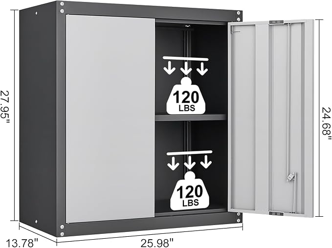 GREATMEET 28" H Lockable Metal Garage Storage Cabinets, Metal Cabinet Storage, Garage Wall Cabinet with Doors and Shelves, Hanging Floating, Grey&Black