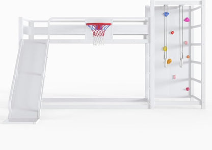Harper & Bright Designs Twin Size Metal Bunk Bed with Built-in Bookshelves and Basketball Hoop, Floor Bunk Bed Twin Over Twin with Slide, Climbing Wall and Pull-up Rings for Kids Teens, White