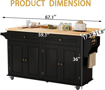JassmiPkwy 67’’ Movable Kitchen Island with Drop Leaf and Power Outlet, Lockable Sliding Countertop Rolling Island Cart with 2 Large Drawers, Spice, Towel Rack,Black