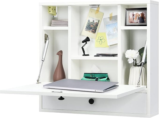 COSTWAY Wall-Mounted Computer Desk, Floating Desk with Storage Drawer & Shelves, Fold-up Desktop & Pneumatic Springs, Ideal for Home, Office, Dormitory, Small Spaces (White)