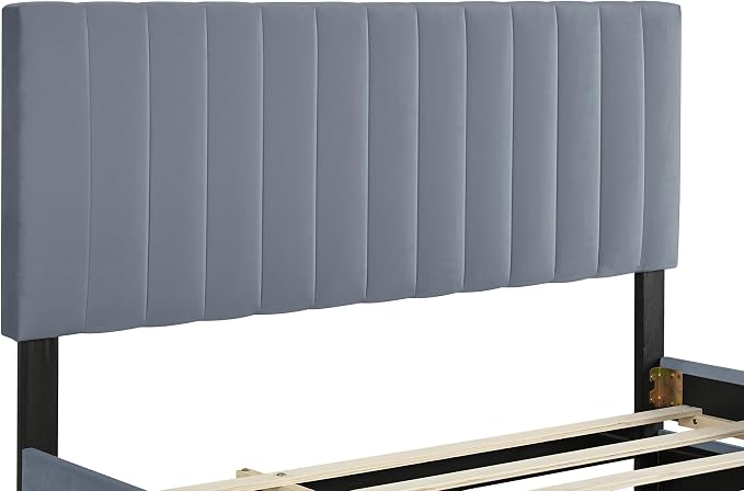 Ball & Cast Queen Bed Frame with Twin XL Size Trundle,Velvet Upholstered Platform Bed Frame Queen Size with Channel Tufted Headboard,Wood Slats Support,No Box Spring Needed,Easy Assembly,Gray