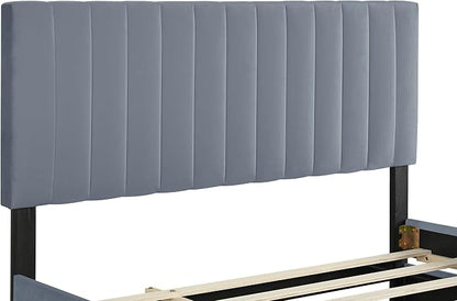 Ball & Cast Queen Bed Frame with Twin XL Size Trundle,Velvet Upholstered Platform Bed Frame Queen Size with Channel Tufted Headboard,Wood Slats Support,No Box Spring Needed,Easy Assembly,Gray