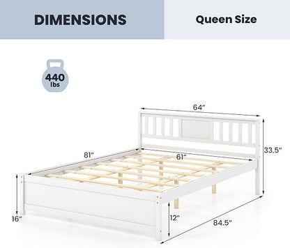 Giantex Queen Size Solid Wood Platform Bed Frame, Mid Century Queen Bed Frame with Headboard, Wooden Slat Support, Queen Panel Bed, No Box Spring Needed, Easy Assembly, White