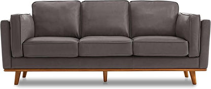 Valencia Artisan Full Leather Sofa 88” - Pure Full Italian Nappa Leather Couch, Solid Wood Accent, Ultimate Comfort, Modern Grey
