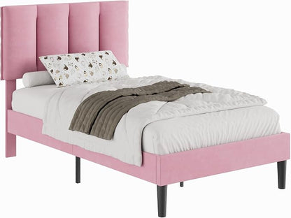 VECELO Twin Size Bed Frame with Upholstered Headboard, Heavy-Duty Bedframe with Wooden Slats & Steel Framework, Easy Assembly, Velvet & Pink