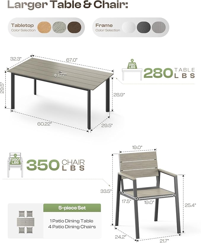 Outdoor Dining Set for 4, Patio Table and Chairs Set with Umbrella Hole, 5 Pieces HDPS + Aluminum Outdoor Furniture Sets for Patio, Garden (Gray)