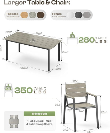 Outdoor Dining Set for 4, Patio Table and Chairs Set with Umbrella Hole, 5 Pieces HDPS + Aluminum Outdoor Furniture Sets for Patio, Garden (Gray)