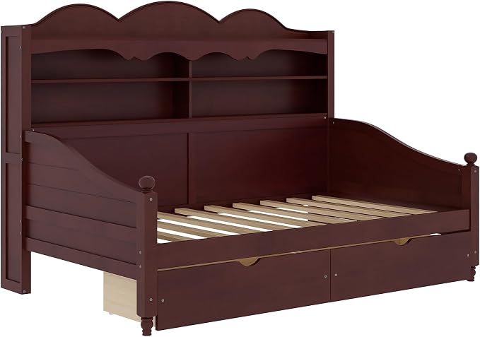 Merax Twin Daybed with Storage Drawers, Wood Twin Day Bed with 3-Tier Storage Headboard Shelves, Retro Style Twin-Size Daybed for Bedroom Guest Room, No Box Spring Needed, Easy Assembly, Espresso