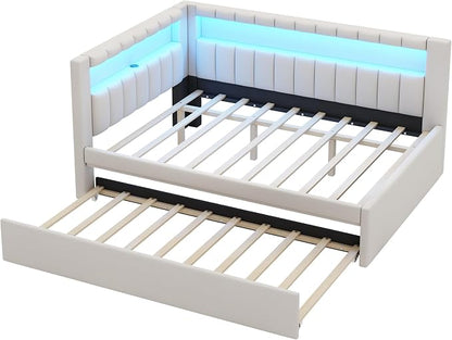 Merax Modern Upholstered Platform Bed Frame with USB Ports & Trundle Bed, Floor Sofa Day Bed with Storage Headboard, No Box Spring Needed/Easy Assemble/Full,White