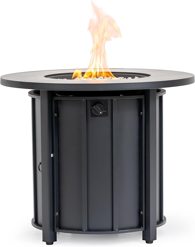 30" Propane Gas Fire Pit Table, 50000 BTU Round Outdoor Fire Pit with Wood Grain Ceramic Tabletop, Steel Patio Fire Table with Lid & Rain Cover for Backyard Deck Garden, Black