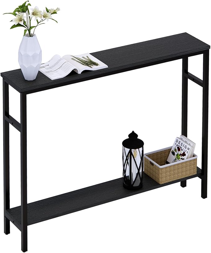 Timberer Narrow Console Table, 39.4” Sofa Table with Adjustable Shelf, 2-Tier Long Skinny Table for Hallway, Entryway, Living Room, Foyer, Black