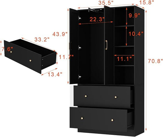 Wardrobe Armoire Closet with Mirror, 2 Door Wardrobe Cabinet with 2 Drawers & Extendable Hanging Rod, Bedroom Armoire Cabinet Clothes Organizer, Type A Black (35.5" W x 15.8" D x 70.8" H)