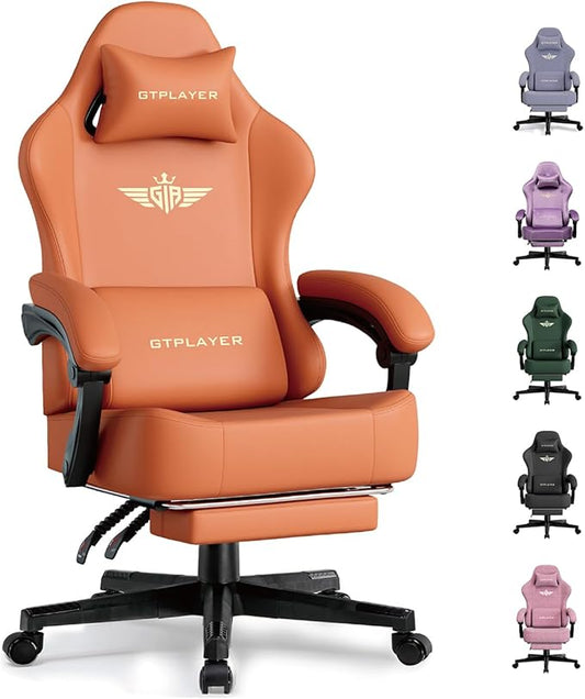GTPLAYER Gaming Chair with Pocket Spring Cushion, Big and Tall Gamings Chairs 350LBS High Back Computer Chair with Footrest for Adults Lumbar Support Swivel Game Chair for Office, Leather Orange