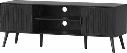 ChooChoo TV Stand for Living Room, Mid Century Modern TV Stand for 55/60 Inch TVs, Entertainment Center with Storage Cabinet and Open Shelves, TV Console Table Media Cabinet for Bedroom, Black