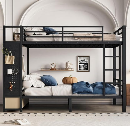 Bellemave Bunk Bed Full Over Full,Metal Bunk Bed with Shelf and Guardrails,Full Bunk beds with Storage Drawers and Clothes Hooks for Kids, Teens & Adults（Black）
