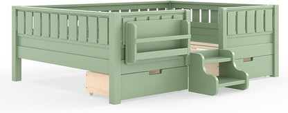 Bellemave Full Size Bed Frame with Storage Drawers & Bookshelf, Low Profile Kids Bed with Staircase & Full Length Guardrails, Solid Wood Full Size Bed Frame Kids with Slats Load 550 LBS, Green