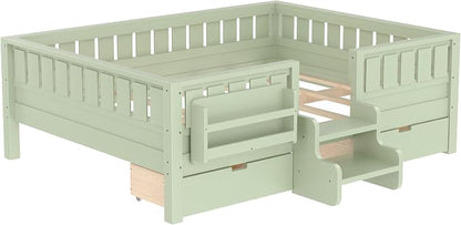 Bellemave Full Size Kids Bed with high Rails and with Built-in Bookshelf and Drawers for Kids, Girls, Boys, Wood Montessori Bed Without Door, Avocado Green