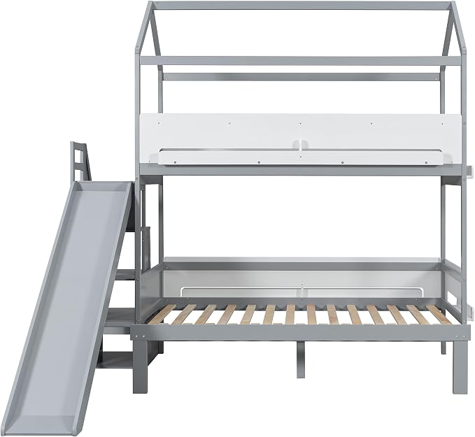 Harper & Bright Designs Twin Over Full House Bunk Bed with Trundle and Slide, Metal Bunk Bed with Bookshelf and Stairs for Kids Teens Adults, Space Saving, No Box Spring Needed, Gray+White