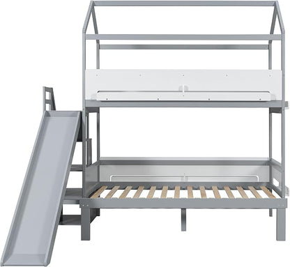 Harper & Bright Designs Twin Over Full House Bunk Bed with Trundle and Slide, Metal Bunk Bed with Bookshelf and Stairs for Kids Teens Adults, Space Saving, No Box Spring Needed, Gray+White