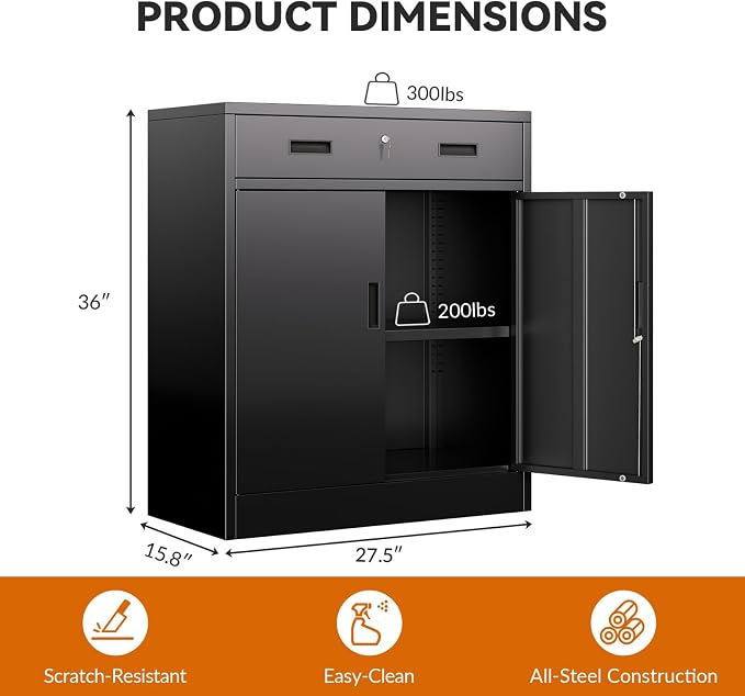 BESFUR Metal Storage Cabinet, Garage Storage Cabinet with One Drawer and Adjustable Shelf, Locking Short Storage Cabinet for Office Garage Home, Black Metal Cabinets(36" H x 27.5" W x 16" D)